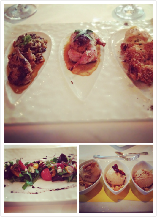 Clockwise from top: Quail, Crunch Peanut butter ice cream and Roasted Beet Salad